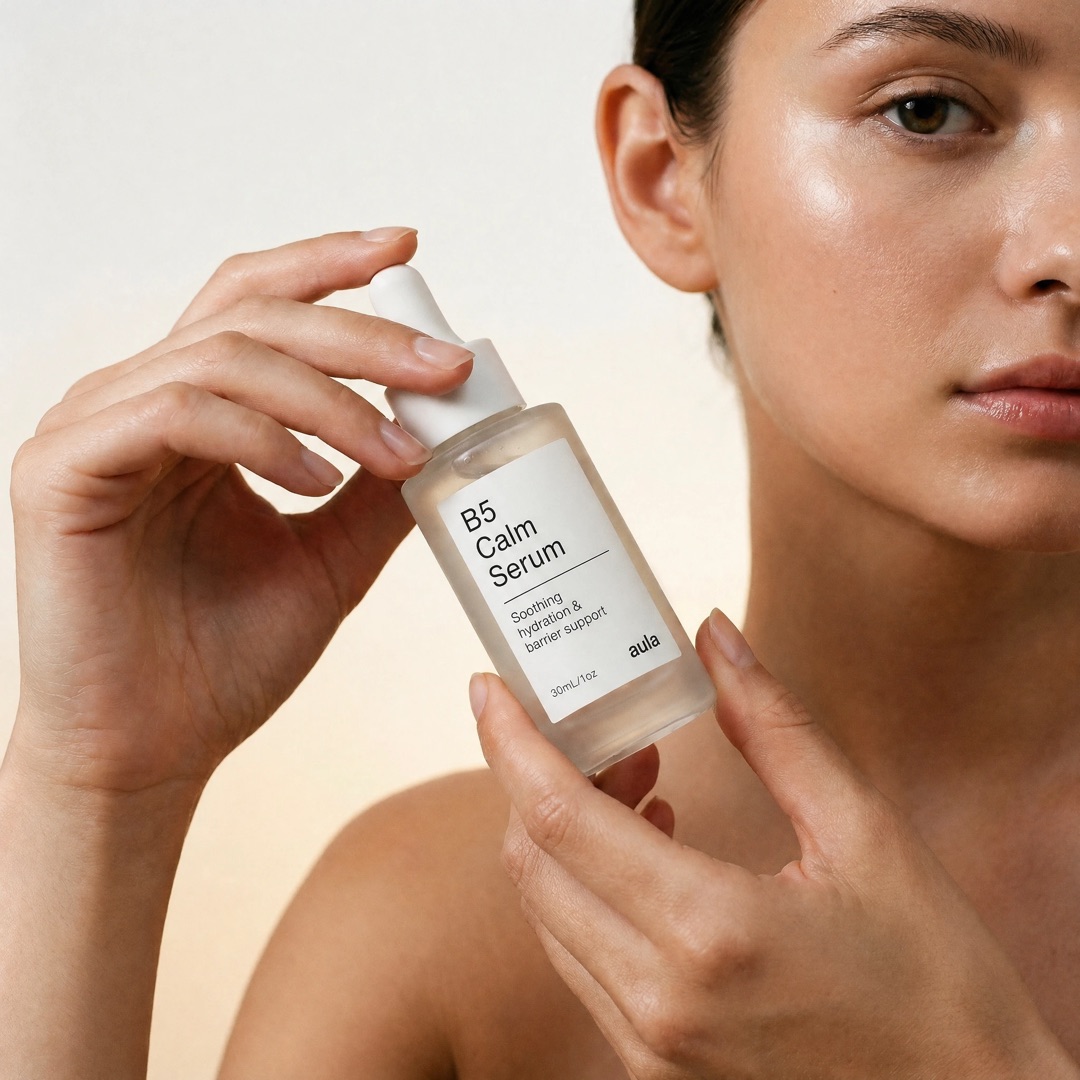 Woman holding B5 Calm Serum, AULA