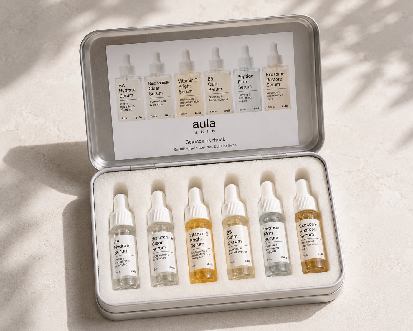 Open Aula Discovery Set tin with all six 5mL serum minis